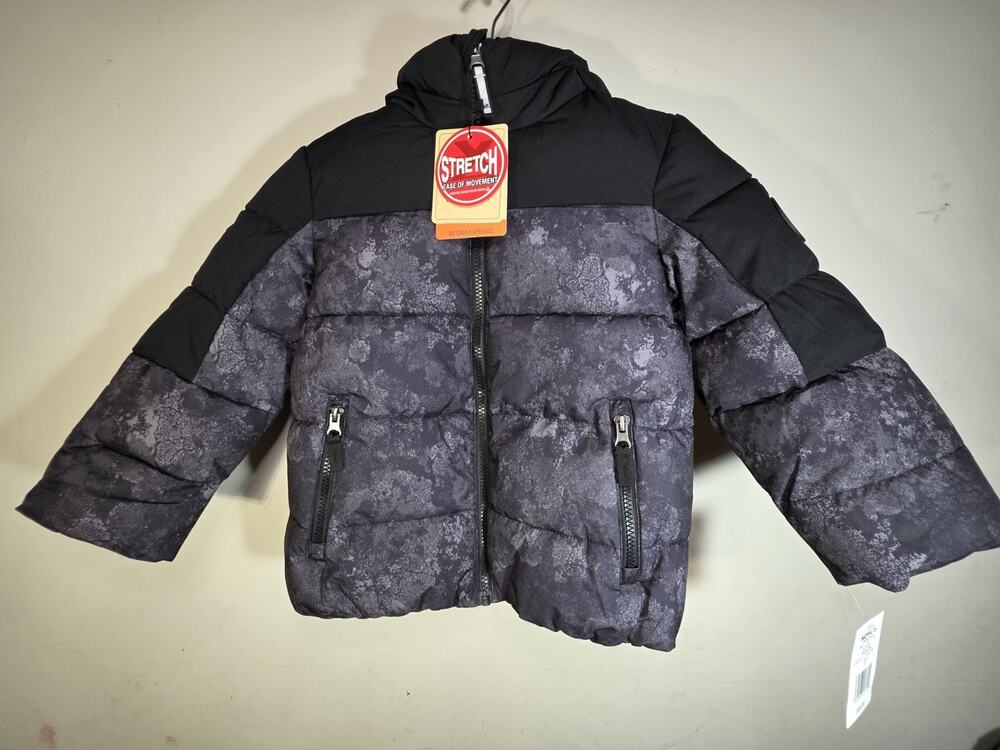 ZeroXposur boys Hooded Full Zip Puffer Jacket Black Gray Abstract 4/5